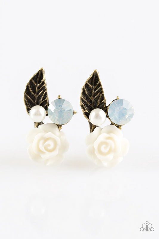 SPRING BOUQUETS - BRASS WHITE PEARL ROSE LEAF OPAL RHINESTONE VINTAGE  POST EARRINGS