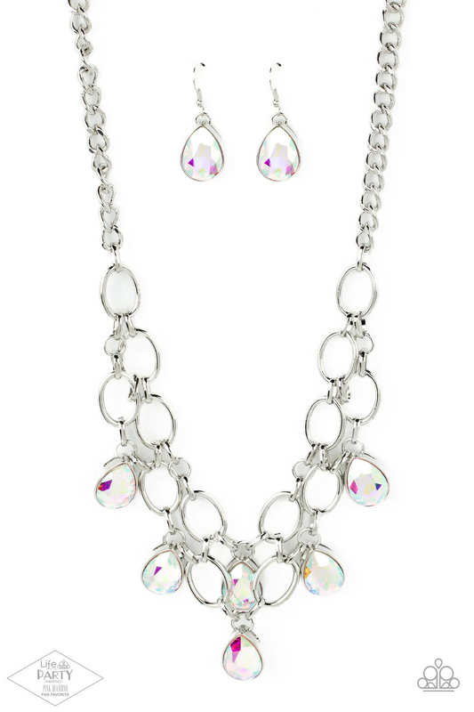 SHOW-STOPPING SHIMMER - MULTI IRIDESCENT TEARDROP RHINESTONES FRINGE NECKLACE