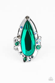 SPARKLE SMITTEN - GREEN EMERALD RHINESTONE IRIDESCENT STRETCH RING