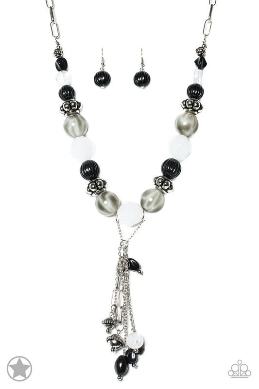 BREAK A LEG! - BLACK WHITE TASSEL CHARM STRETCH NECKLACE