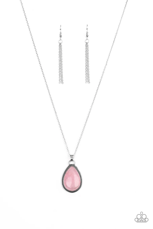 ON THE HOME FRONTIER - PINK ROSE QUARTZ NATURAL STONE TEARDROP PENDANT NECKLACE