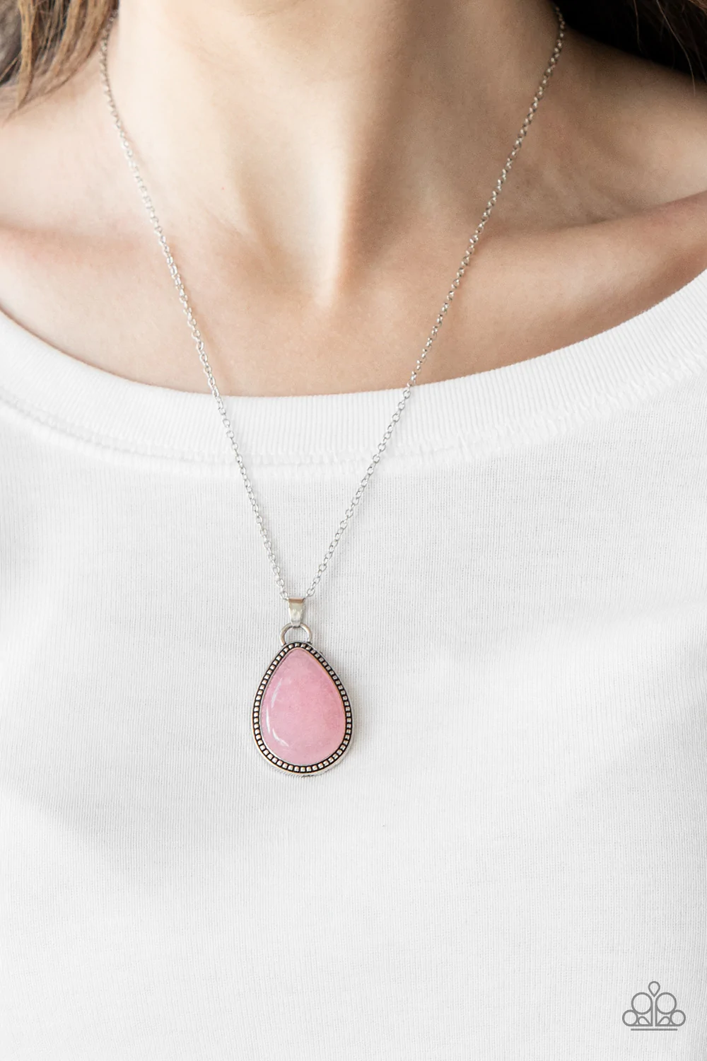 ON THE HOME FRONTIER - PINK ROSE QUARTZ NATURAL STONE TEARDROP PENDANT NECKLACE