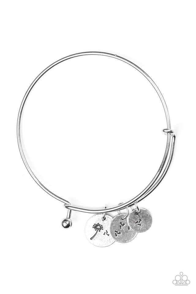 DREAMY DANDELIONS - SILVER FLOWER CHARMS PRESSURE BANGLE BRACELET